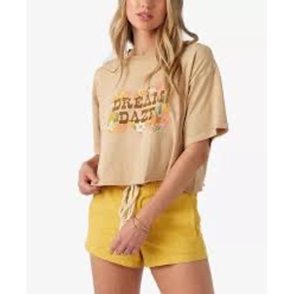 O'Neill Women's Dream Daze Graphic Crop Top Khaki Tan Floral Surf Tee Large NEW